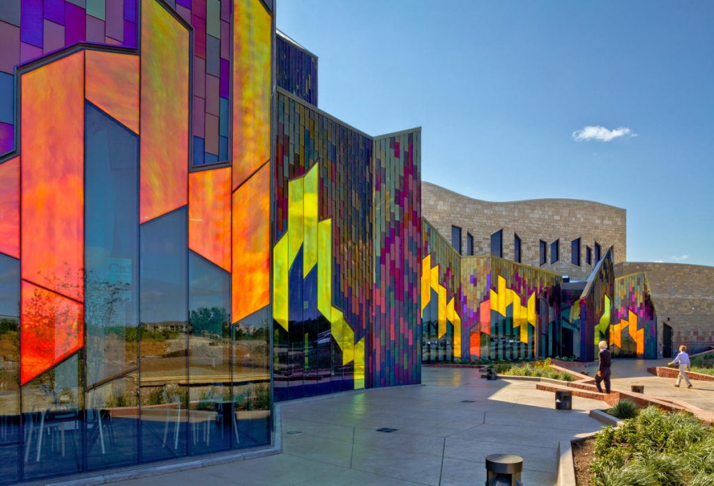 View of Prairie Fire's glass stained museum in Leawood, Kansas. 